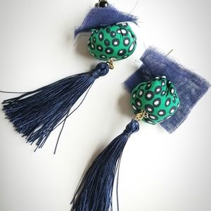 Green, Navy Blue Pompom Dangle Earring with Tassel